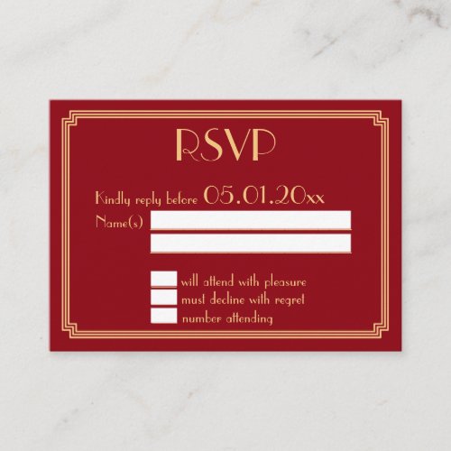 Tiny Great Gatsby Art Deco Red Gold Wedding RSVP Enclosure Card