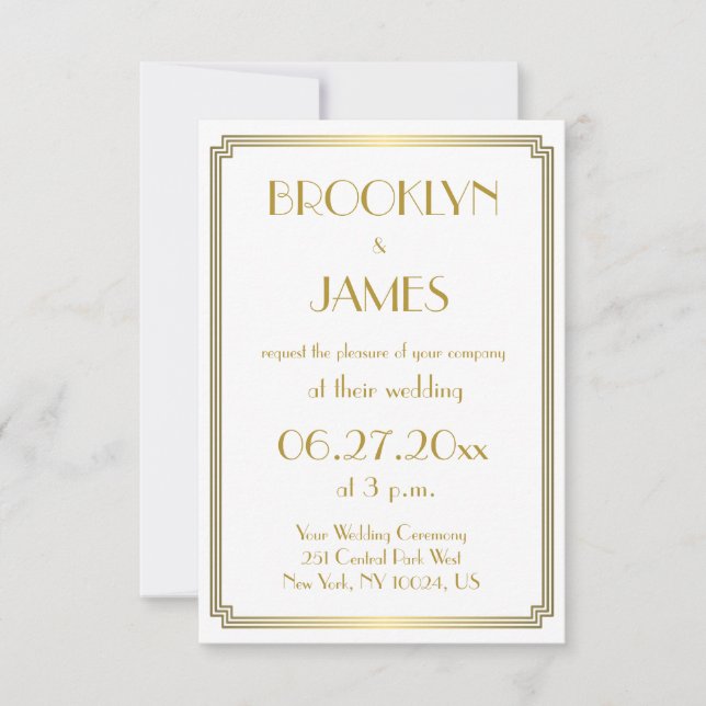 Tiny Great Gatsby Art Deco White Wedding Invites (Front)