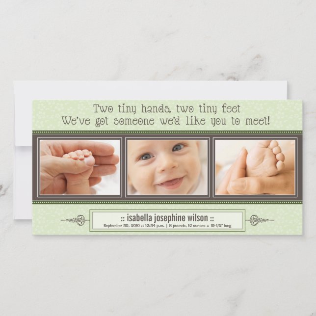 Tiny Hands, Tiny Feet Birth Announcement (sage) (Front)