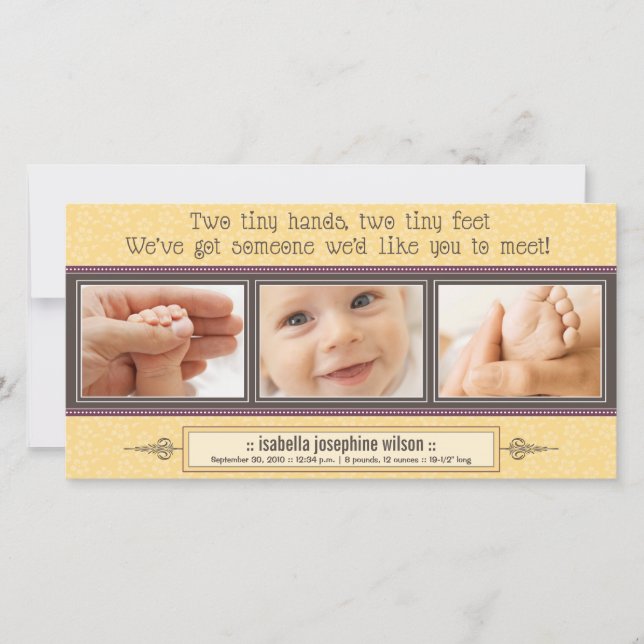 Tiny Hands, Tiny Feet Birth Announcement (yellow) (Front)