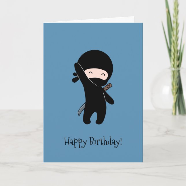 Tiny Happy Ninja on Blue Birthday Card (Front)