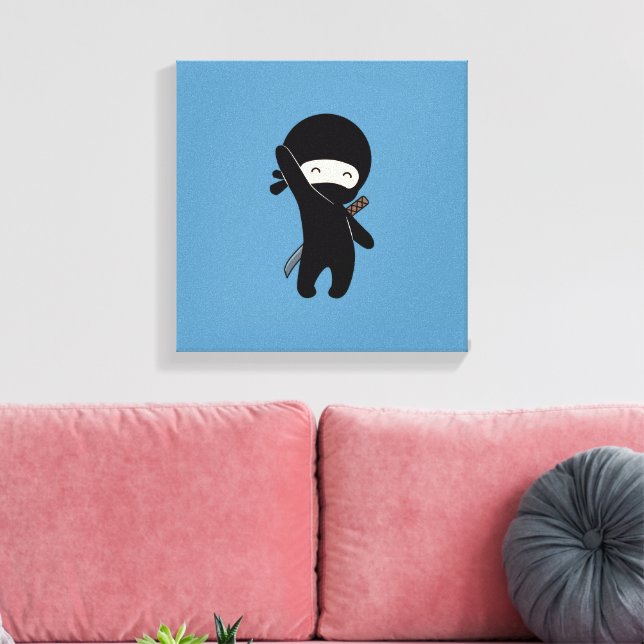 Tiny Happy Ninja on Blue Canvas Print (Insitu(LivingRoom))