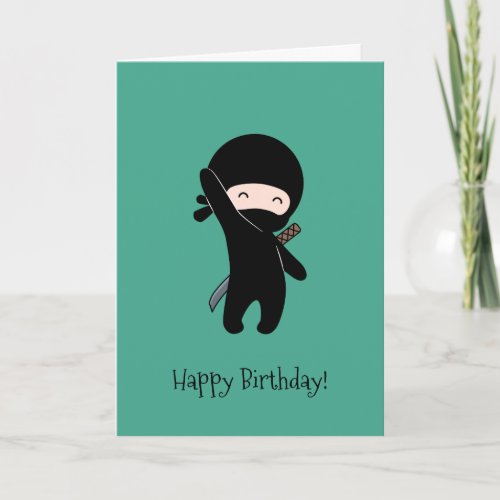 Tiny Happy Ninja on Dark Green Birthday Card