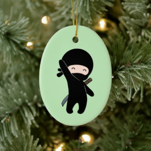 Tiny Happy Ninja on Green Ceramic Ornament
