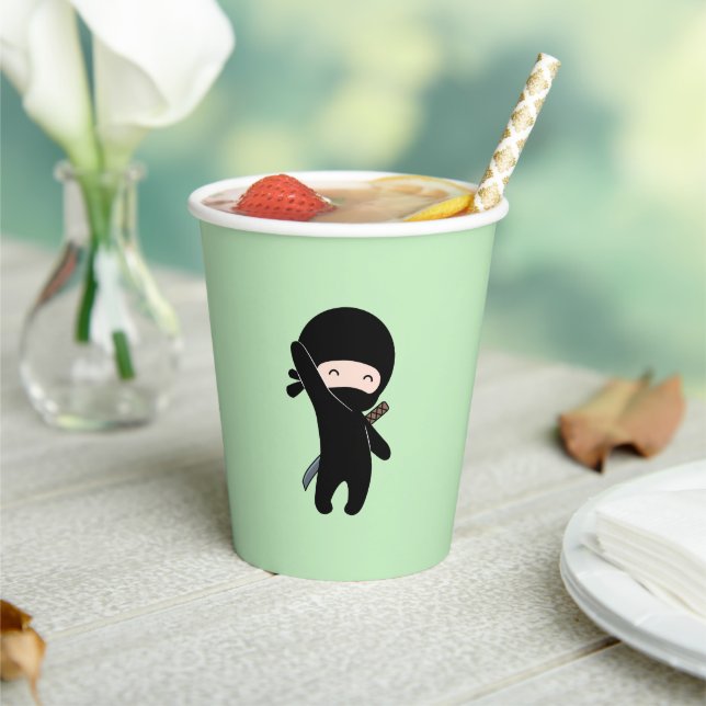 Tiny Happy Ninja on Green Paper Cups (Insitu)