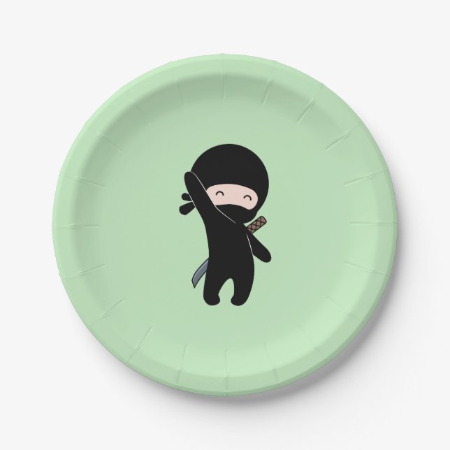 Tiny Happy Ninja on Green Paper Plates (Front)