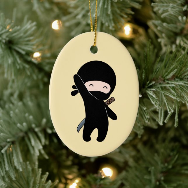 Tiny Happy Ninja on Yellow Ceramic Ornament (Tree)