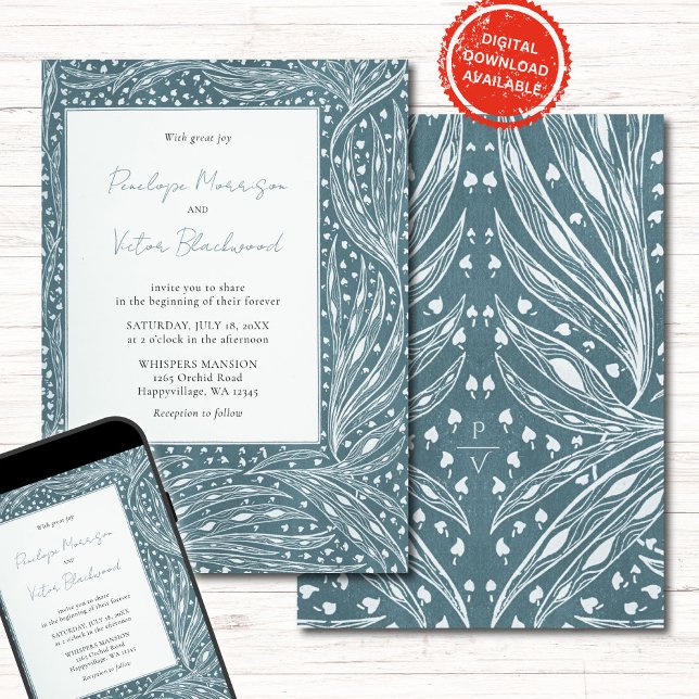 Tiny Heart Leaves Frame on Teal Wedding Invitation (Creator Uploaded)