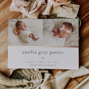 Tiny Heart Two Photo Foil Birth Announcement
