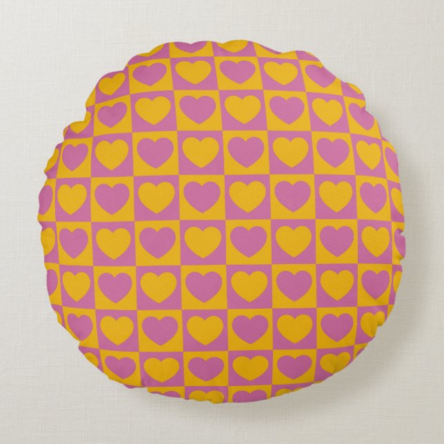 Tiny hearts chess grid seamless pattern. Cute litt Round Pillow (Front)