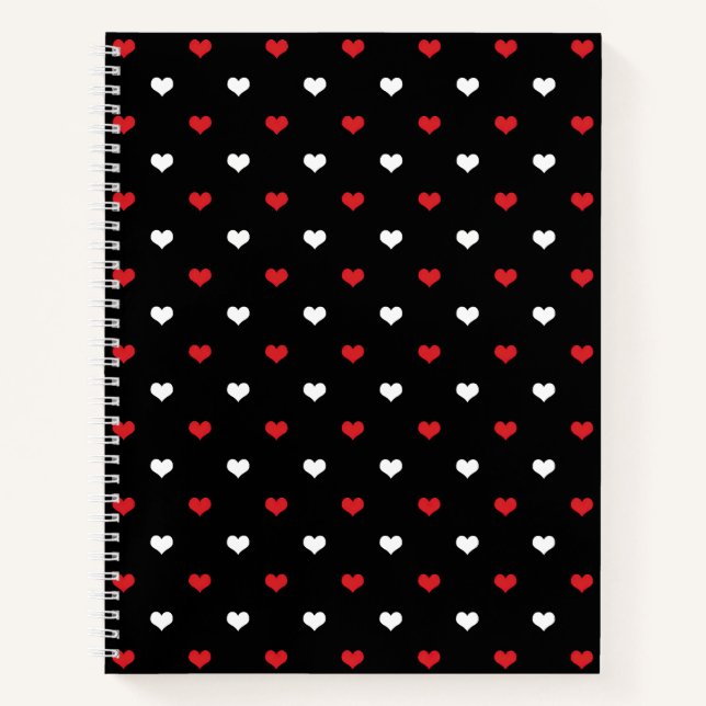Tiny Hearts Red and White Black Background Pattern Notebook (Front)