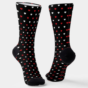 Tiny Hearts Red and White Black Background Pattern Socks
