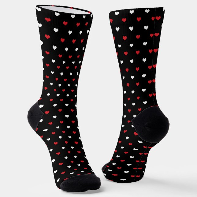 Tiny Hearts Red and White Black Background Pattern Socks (Angled)