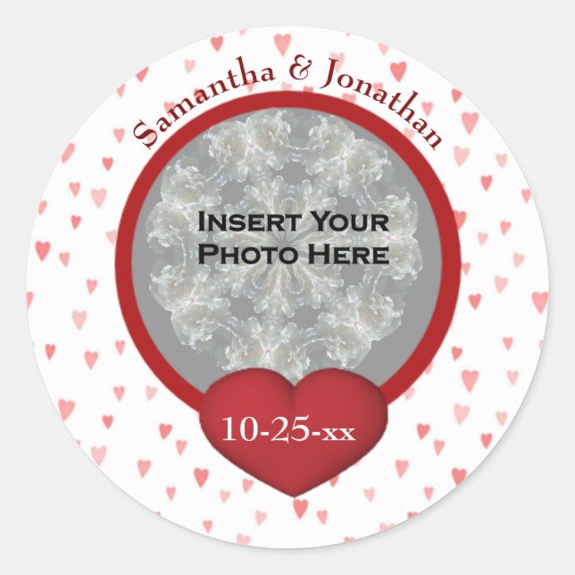 Tiny Hearts Wedding Photo Personalized  Classic Round Sticker (Front)