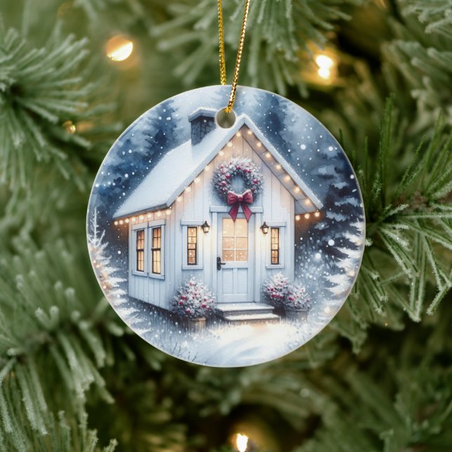 Tiny Home in a Magical Winter Forest Christmas Ceramic Ornament (Tree)