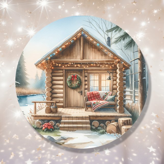 Tiny Home Log Cabin in the Winter Woods Christmas Classic Round Sticker (Creator Uploaded)