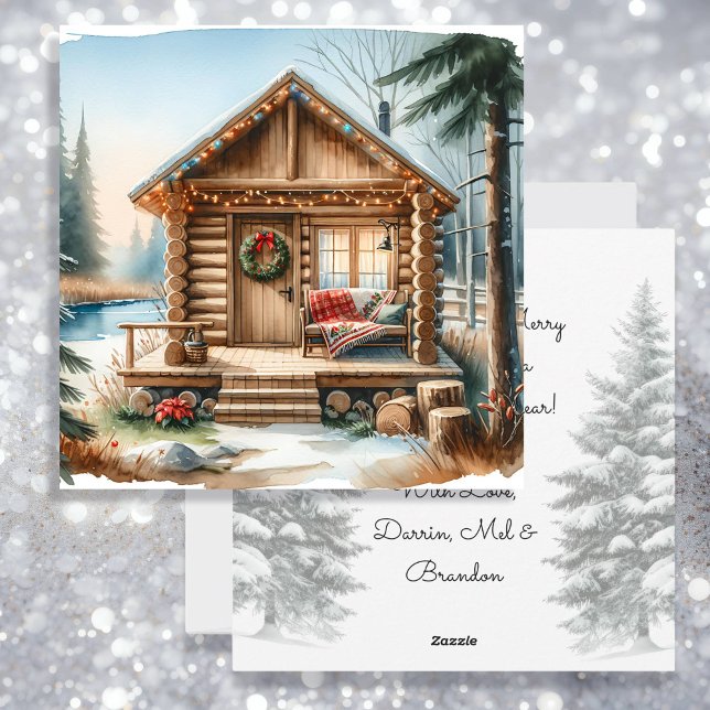 Tiny Home Log Cabin in the Winter Woods Christmas Holiday Card (Creator Uploaded)