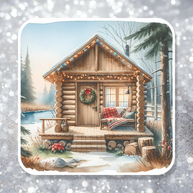 Tiny Home Log Cabin in the Winter Woods Christmas Square Sticker (Creator Uploaded)