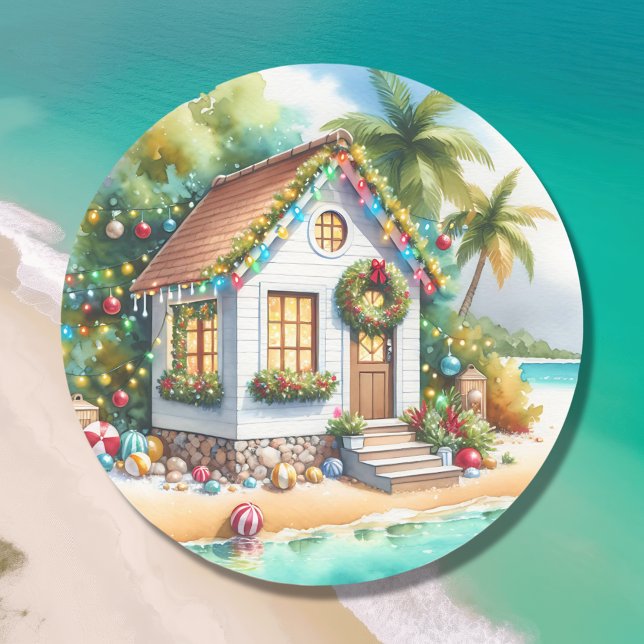 Tiny Home on the Beach Festive Christmas Classic Round Sticker (Creator Uploaded)