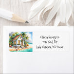 Tiny Home on the Beach Festive Christmas Label<br><div class="desc">Personalized Holiday return address label stickers. Cute little white festive tiny house on a beach with pretty festive Christmas decorations like wreaths,  garland and Christmas lights on palm trees.</div>