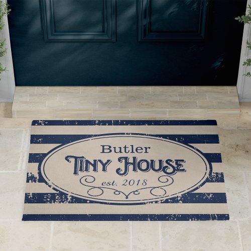 Tiny House Personalized Navy Blue Doormat