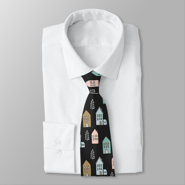 Tiny Houses Print Neck Tie (Tied)