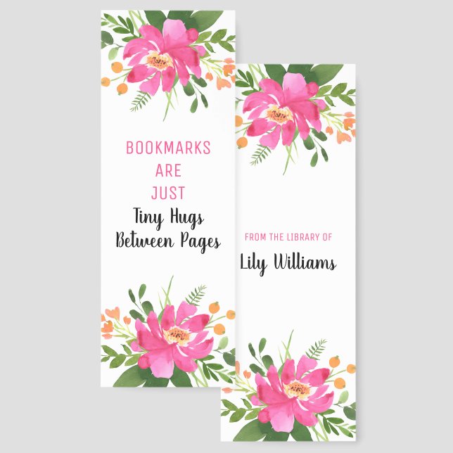 Tiny Hugs Between Pages Quote Name Pink Floral   Bookmarks (Front & Back)