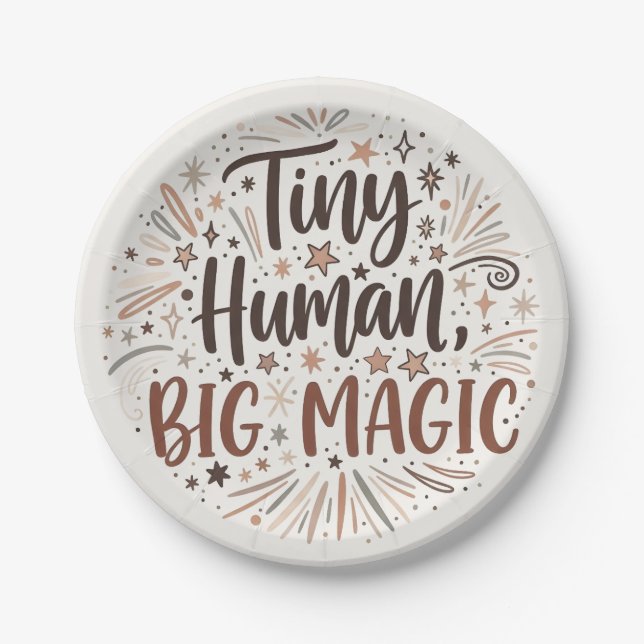 "Tiny Human, Big Magic" Boho Starburst Quote Paper Plates (Front)