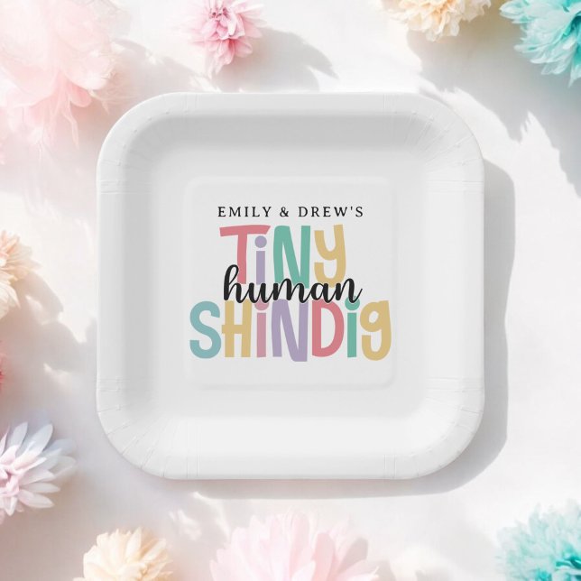 Tiny Human Shindig Cute Couple's Baby Shower Paper Plates (Plates are available in 7-inch diameter size and 9-inch diameter size.)