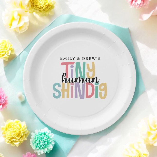 Tiny Human Shindig Cute Couple's Baby Shower Paper Plates (Plates available in 9-inch and 7-inch diameter sizes.)
