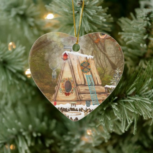 Tiny Hut in Enchanted Forest in Winter  Ceramic Ornament