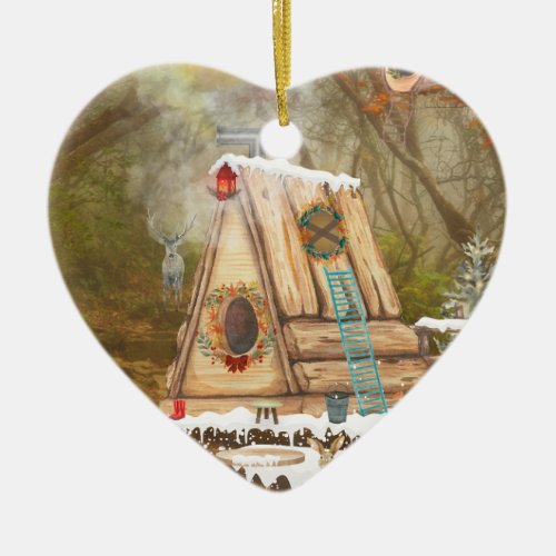 Tiny Hut in Enchanted Forest in Winter  Ceramic Ornament