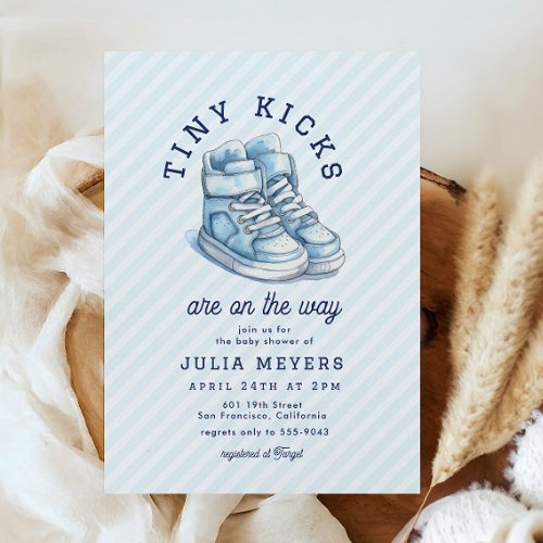 Tiny Kicks Sneakers Sports Blue Baby Shower Invitation