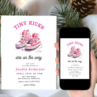 Tiny Kicks Sneakers Sports Pink Baby Shower  Invitation