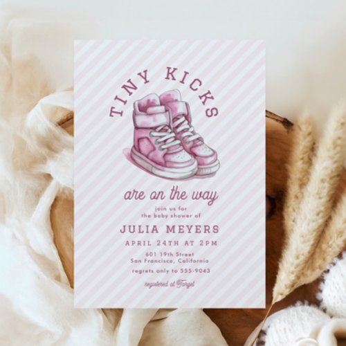 Tiny Kicks Sneakers Sports Pink Baby Shower Invitation