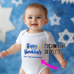 Tiny Latke Lover Bodysuit 🕎🎉<br><div class="desc">This adorable baby bodysuit is perfect for celebrating Hanukkah with a touch of humor and cuteness! It features the cheerful message “Happy Hanukkah” in bold blue letters, complete with two bright yellow flames that mimic menorah candles. Below, the playful text reads “from Tiny Latke Lover!”—a nod to the delicious Hanukkah...</div>