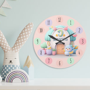 Tiny little house with dragon and NAME girl Large Clock