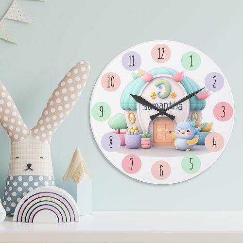Tiny little house with dragon and NAME girl Large Clock