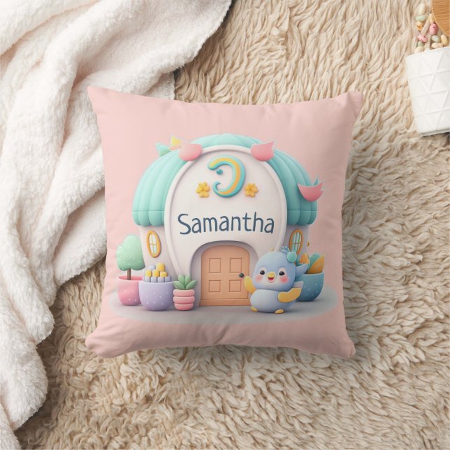 Tiny little house with dragon and NAME girl Throw Pillow (Blanket)