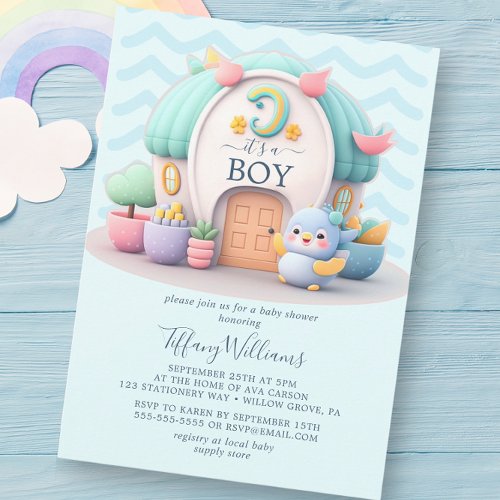 Tiny little house with dragon Boy Baby Shower Invitation