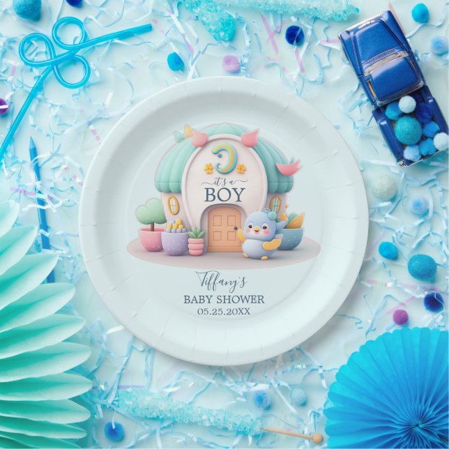 Tiny little house with dragon Boy Baby Shower Paper Plates (Party)