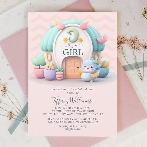 Tiny little house with dragon Girl Baby Shower Invitation