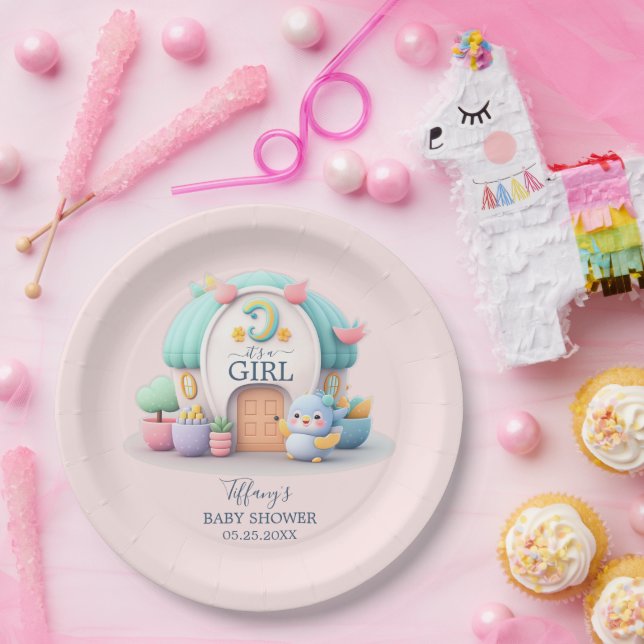 Tiny little house with dragon Girl Baby Shower Paper Plates (Party)