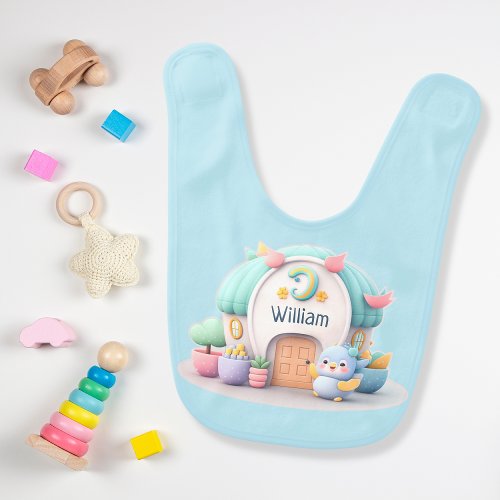 Tiny little house with little dragon and NAME boy Baby Bib