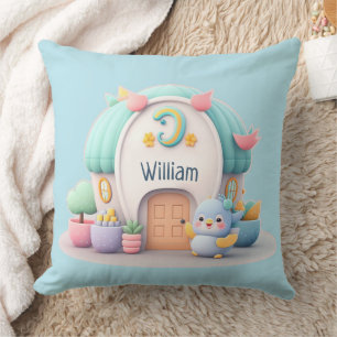 Tiny little house with little dragon and NAME boy Throw Pillow