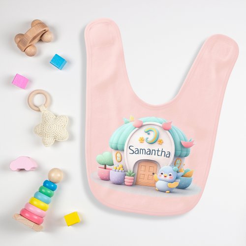 Tiny little house with little dragon and NAME girl Baby Bib