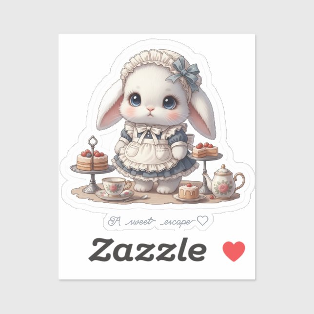 Tiny Maid Bunny - Antique Cafe Style Kawaii Art Sticker (Sheet)