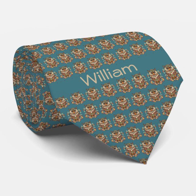 Tiny Mandala Owl Pattern Neck Tie (Rolled)