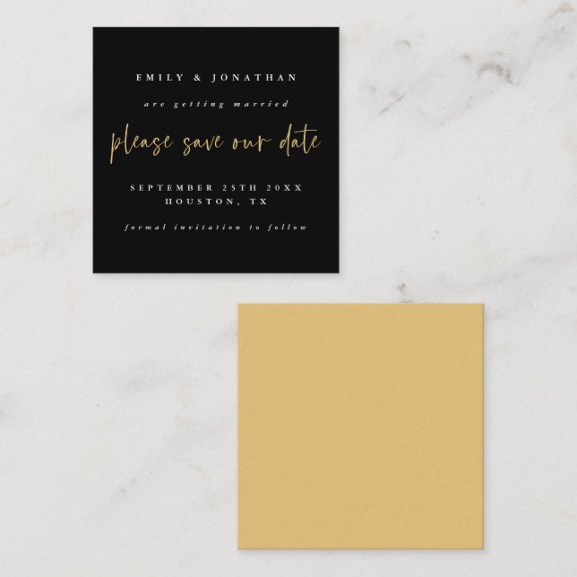 TINY MINI SIZE Black Gold Wedding Save The Date  Note Card (Front/Back)