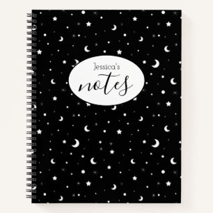 Tiny Moons and Stars Custom Name Black Notebook